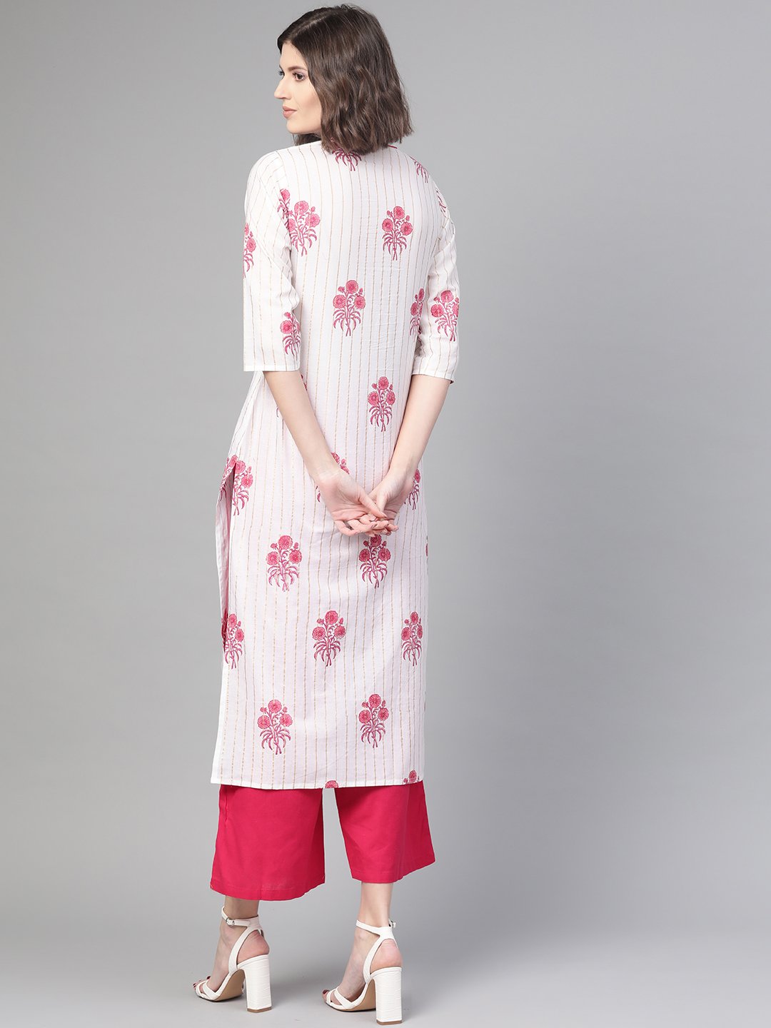 Women White & Pink Cotton Straight Floral Printed Kurta | NOZ2TOZ - Made In INDIA.