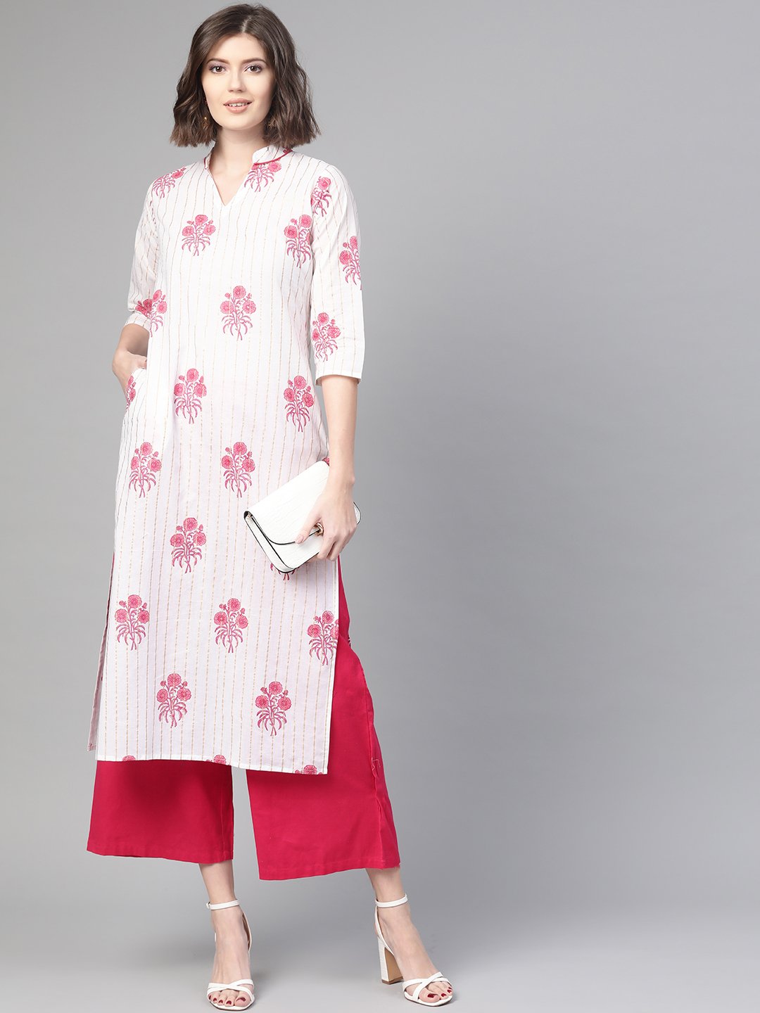 Women White & Pink Cotton Straight Floral Printed Kurta | NOZ2TOZ - Made In INDIA.