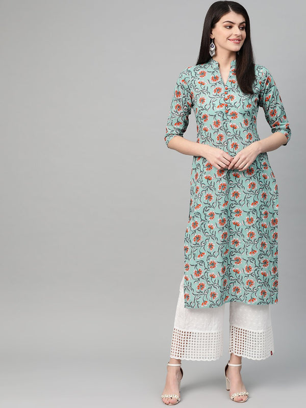 Women Green & Orange Cotton Straight Floral Printed Kurta | NOZ2TOZ - Made In INDIA.