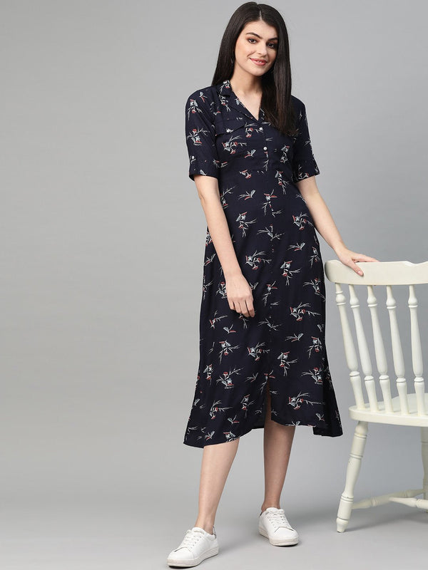 Women Navy Blue & Rust Floral Printed A-Line Dress | NOZ2TOZ - Made In INDIA.