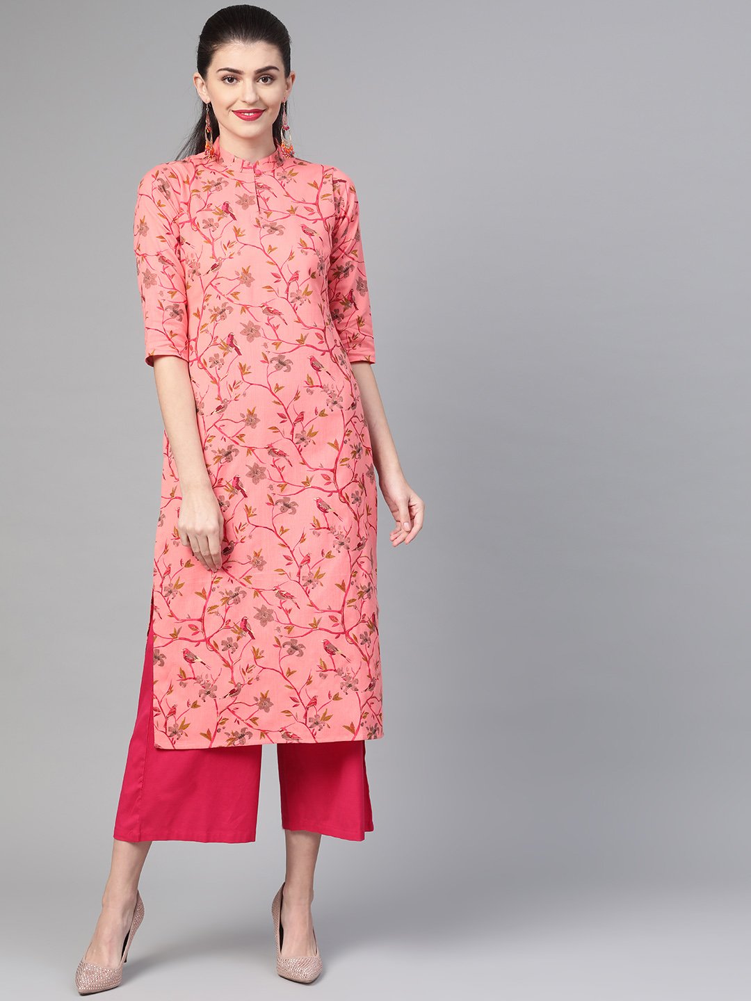 Women Pink & Mustard Cotton Straight Floral Printed Kurta | NOZ2TOZ - Made In INDIA.