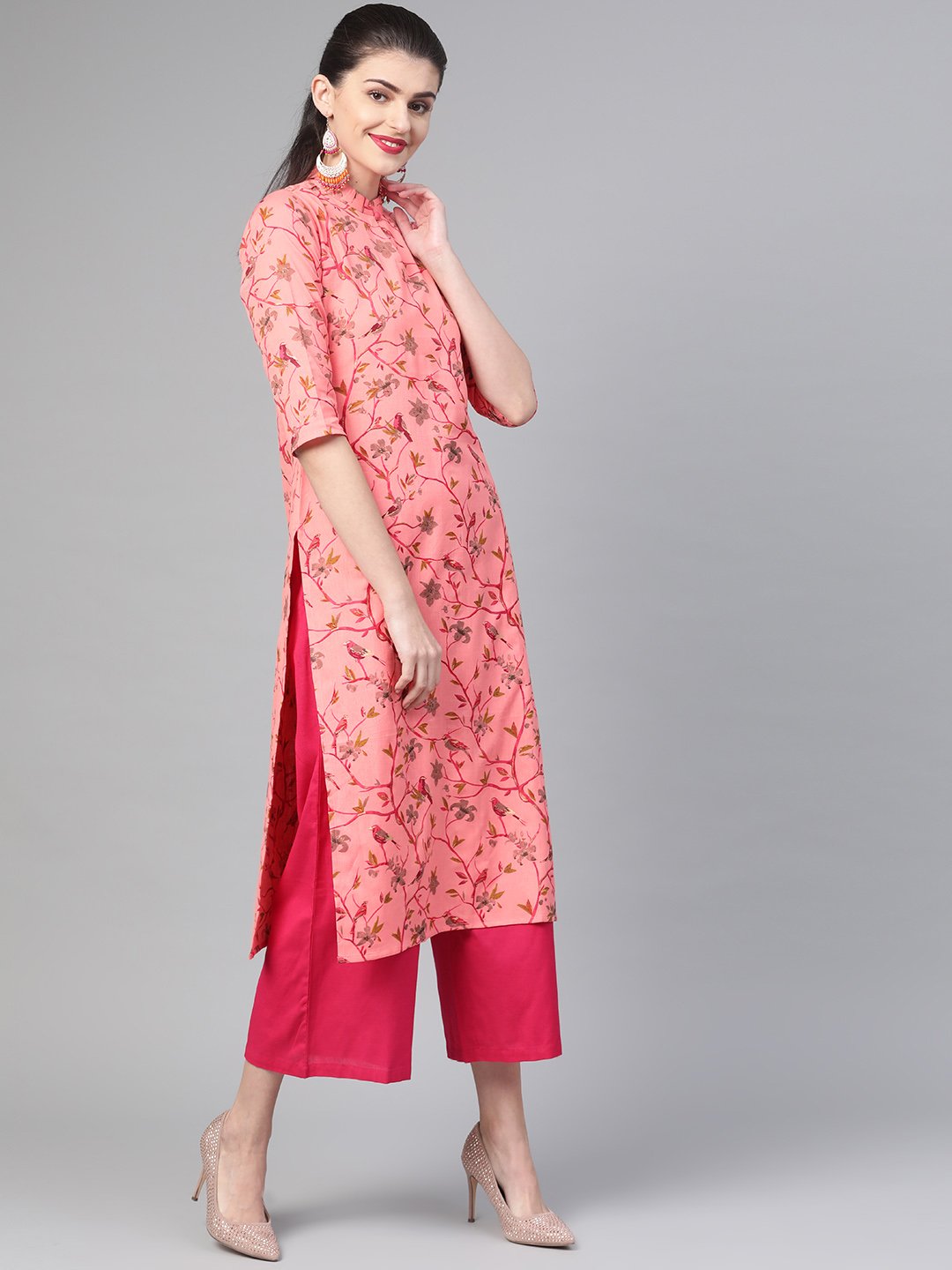 Women Pink & Mustard Cotton Straight Floral Printed Kurta | NOZ2TOZ - Made In INDIA.