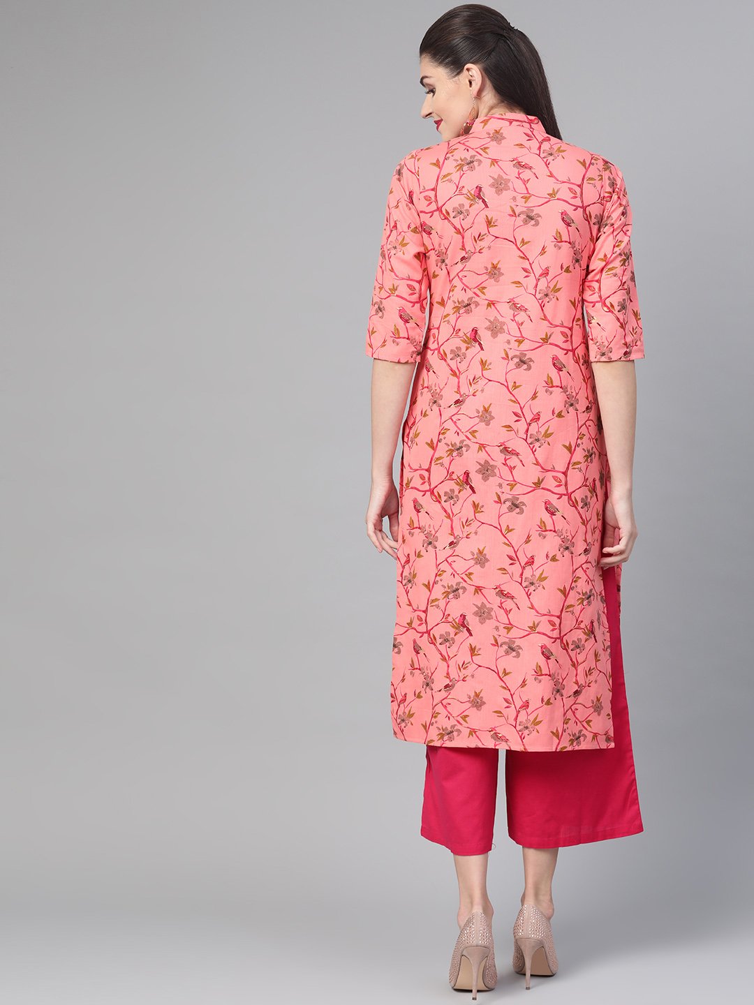 Women Pink & Mustard Cotton Straight Floral Printed Kurta | NOZ2TOZ - Made In INDIA.