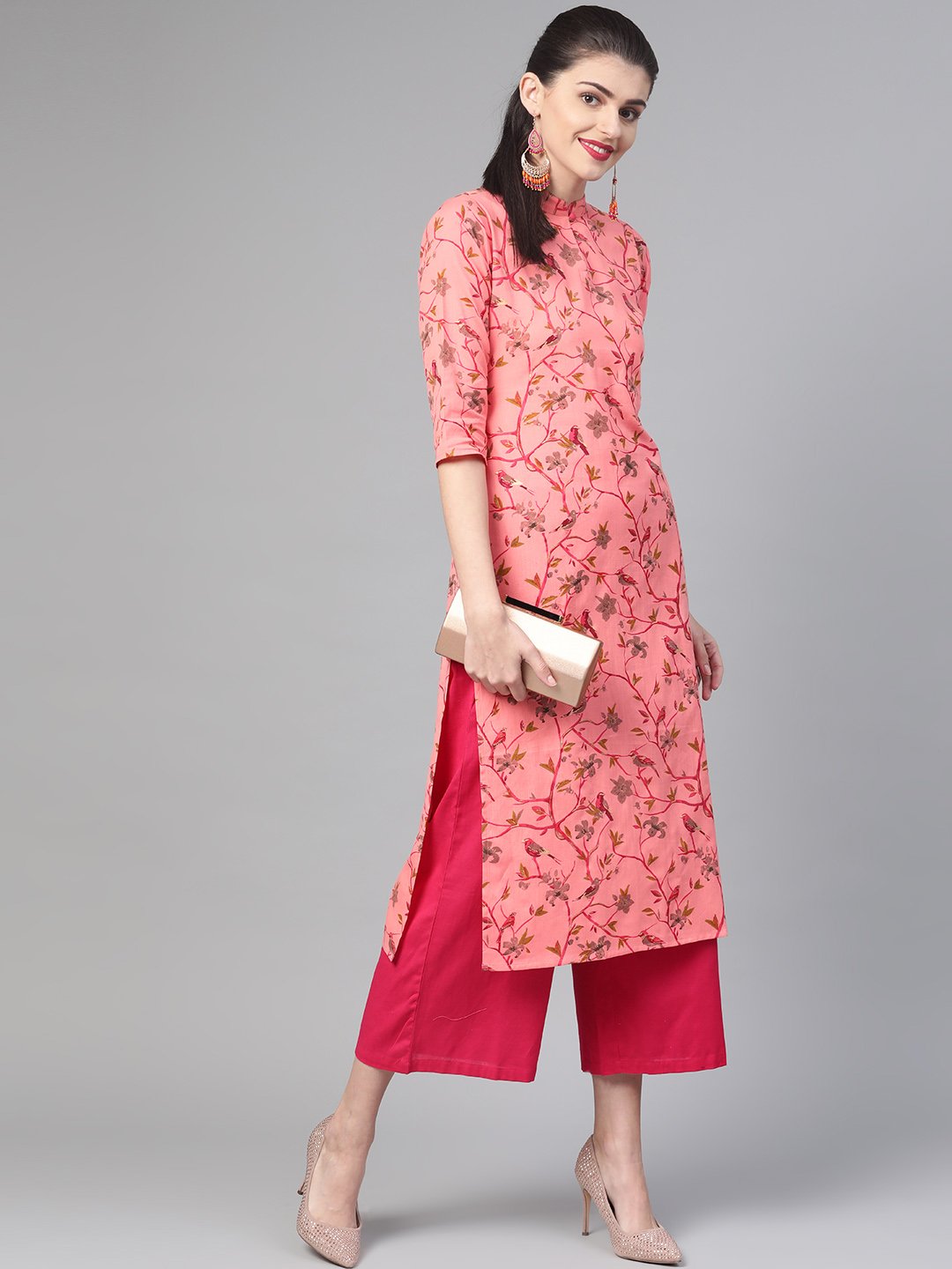 Women Pink & Mustard Cotton Straight Floral Printed Kurta | NOZ2TOZ - Made In INDIA.