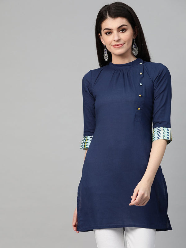 Women Navy Blue Cotton Solid High Neck Tunic | NOZ2TOZ - Made In INDIA.