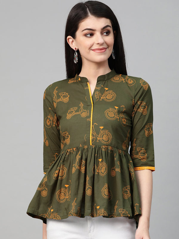 Women Green & Beige Peplum Printed Top | NOZ2TOZ - Made In INDIA.