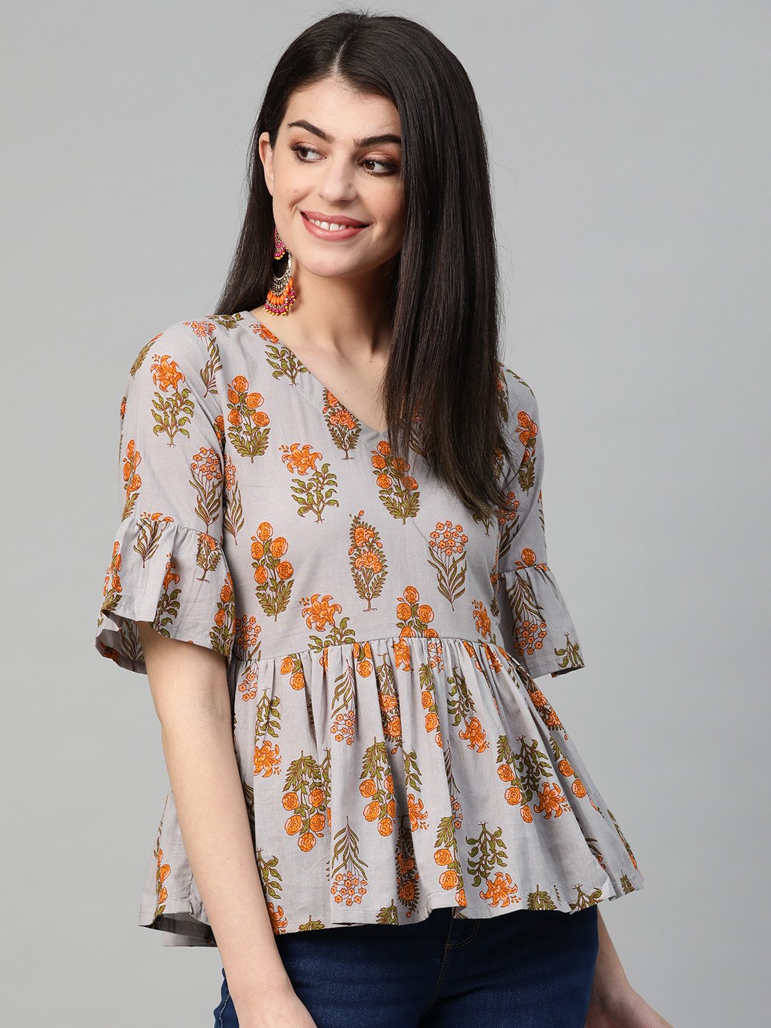 Women Grey & Orange Peplum Printed Top | NOZ2TOZ - Made In INDIA.