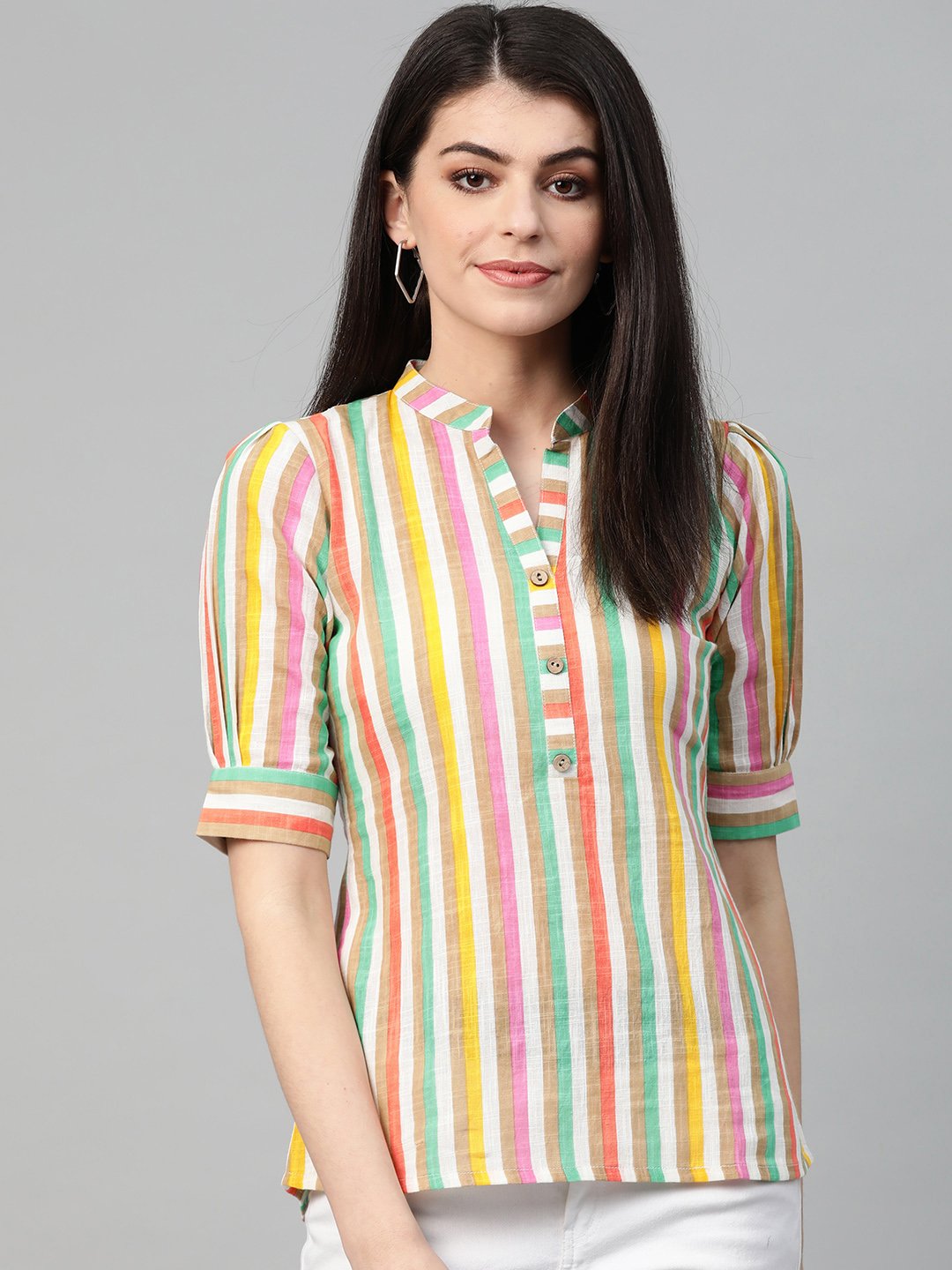 Women White & Multi Regular Striped Top | NOZ2TOZ - Made In INDIA.