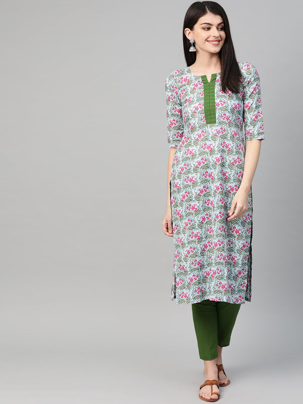 Women Blue & Pink Straight Floral Printed Kurta And Trousers Set | NOZ2TOZ - Made In INDIA.