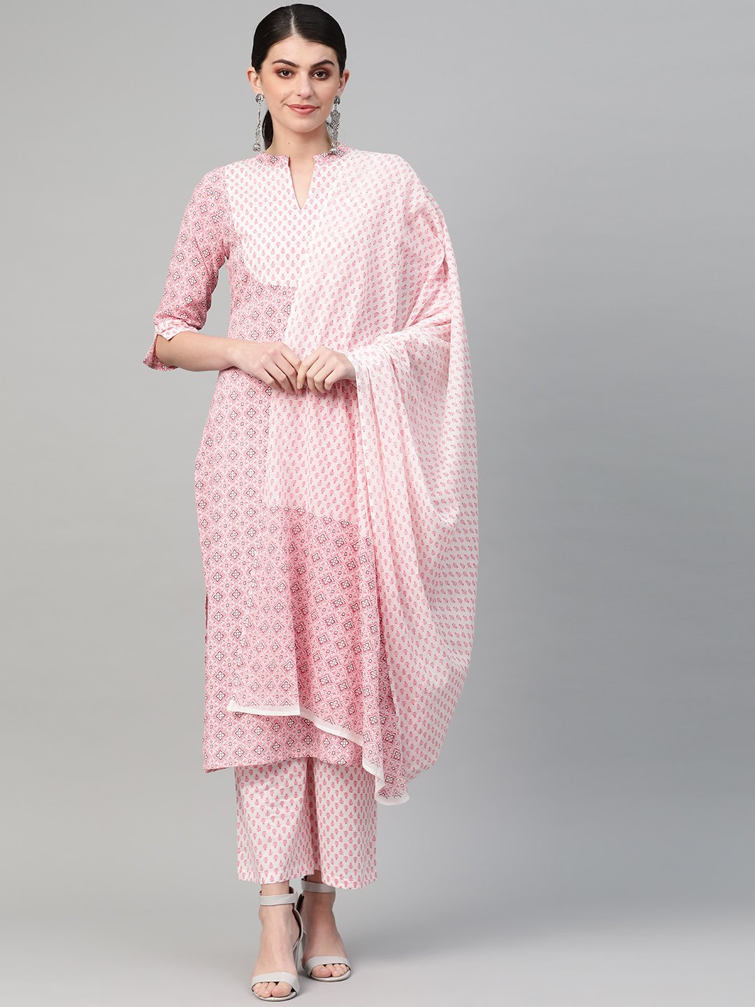 Women Pink & white Straight Geometric Printed Kurta And Palazzos Set | NOZ2TOZ - Made In INDIA.