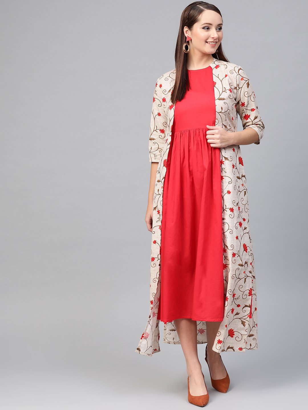 Women Red & Beige Floral Printed Maxi Dress | NOZ2TOZ - Made In INDIA.