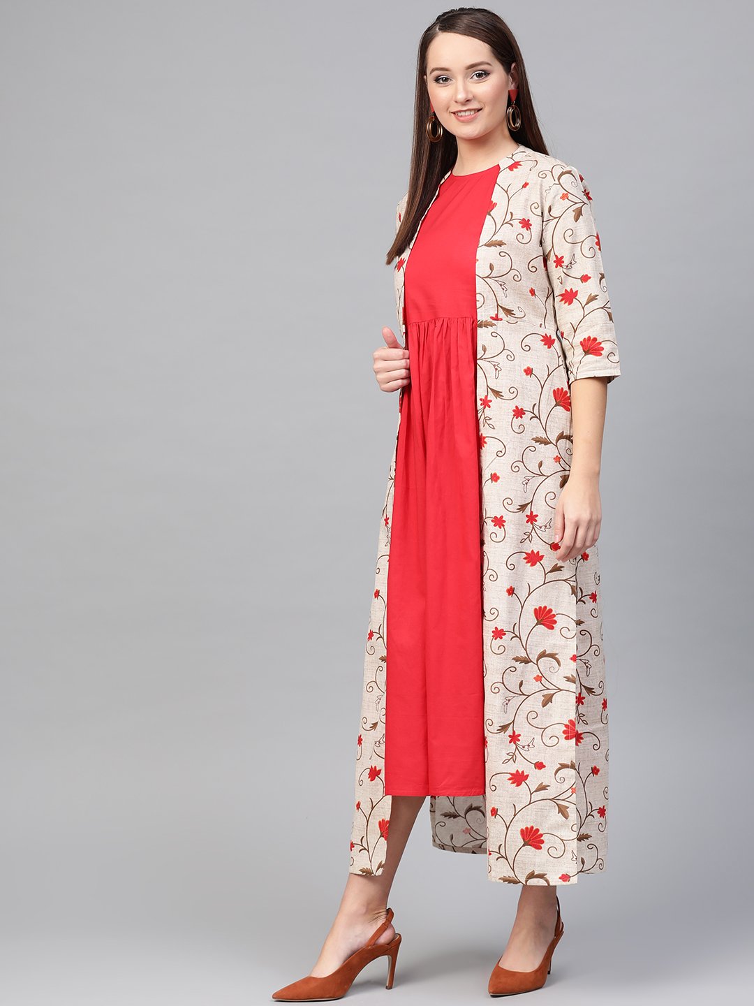 Women Red & Beige Floral Printed Maxi Dress | NOZ2TOZ - Made In INDIA.