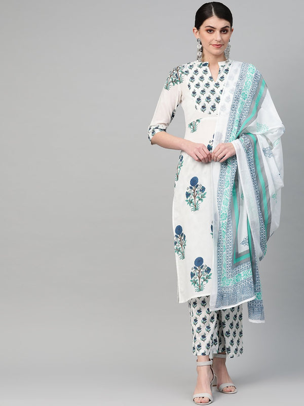 Women White & Blue Straight Floral Printed Kurta And Trousers Set | NOZ2TOZ - Made In INDIA.