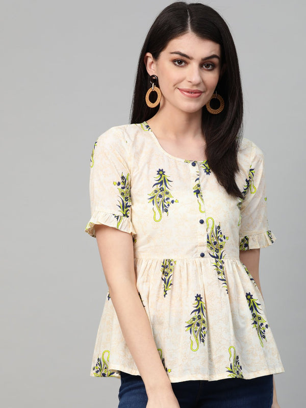 Women Off White & Green Peplum Printed Top | NOZ2TOZ - Made In INDIA.