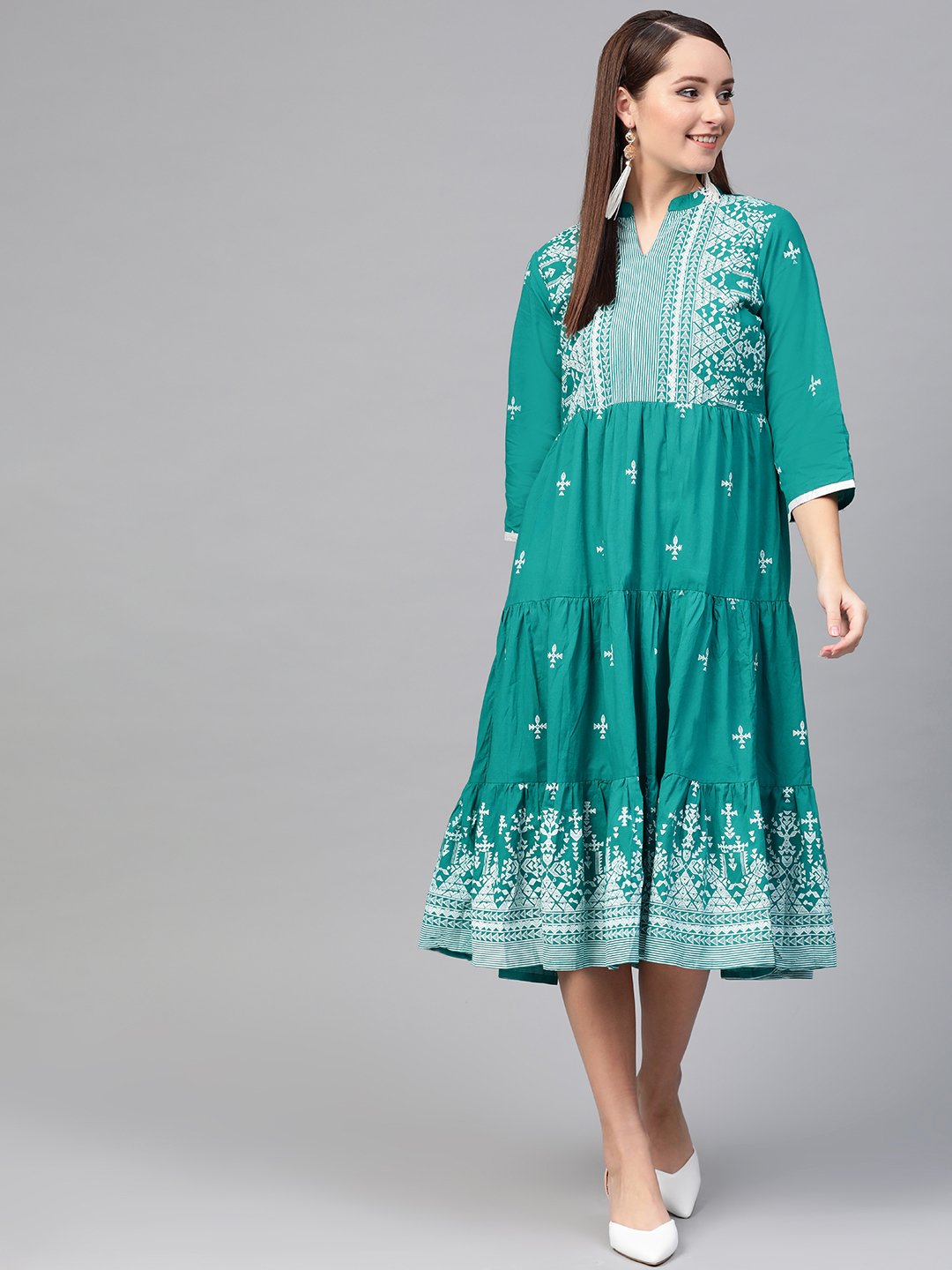 Women Green & White Tribal Printed Fit and Flare Dress | NOZ2TOZ - Made In INDIA.