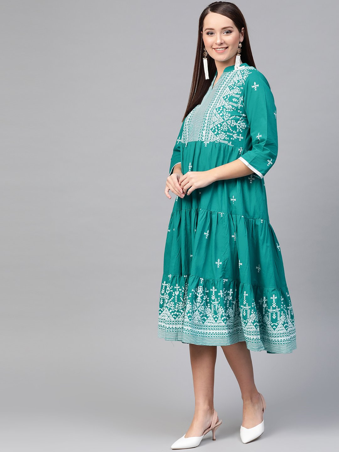 Women Green & White Tribal Printed Fit and Flare Dress | NOZ2TOZ - Made In INDIA.