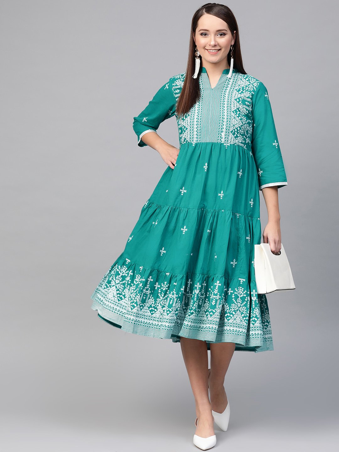 Women Green & White Tribal Printed Fit and Flare Dress | NOZ2TOZ - Made In INDIA.