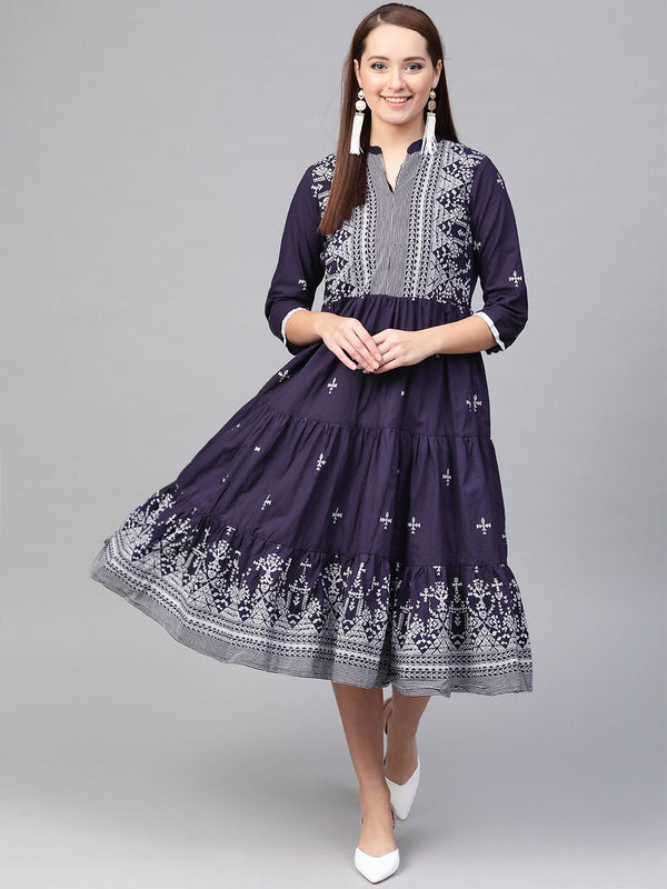 Women Navy Blue & White Tribal Printed Fit and Flare Dress | NOZ2TOZ - Made In INDIA.