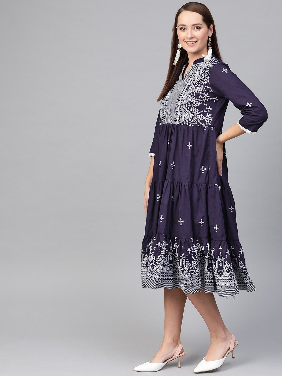 Women Navy Blue & White Tribal Printed Fit and Flare Dress | NOZ2TOZ - Made In INDIA.