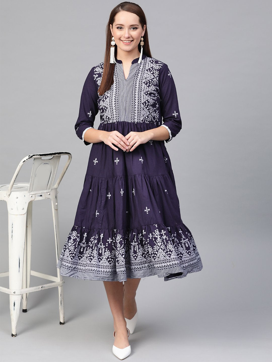 Women Navy Blue & White Tribal Printed Fit and Flare Dress | NOZ2TOZ - Made In INDIA.