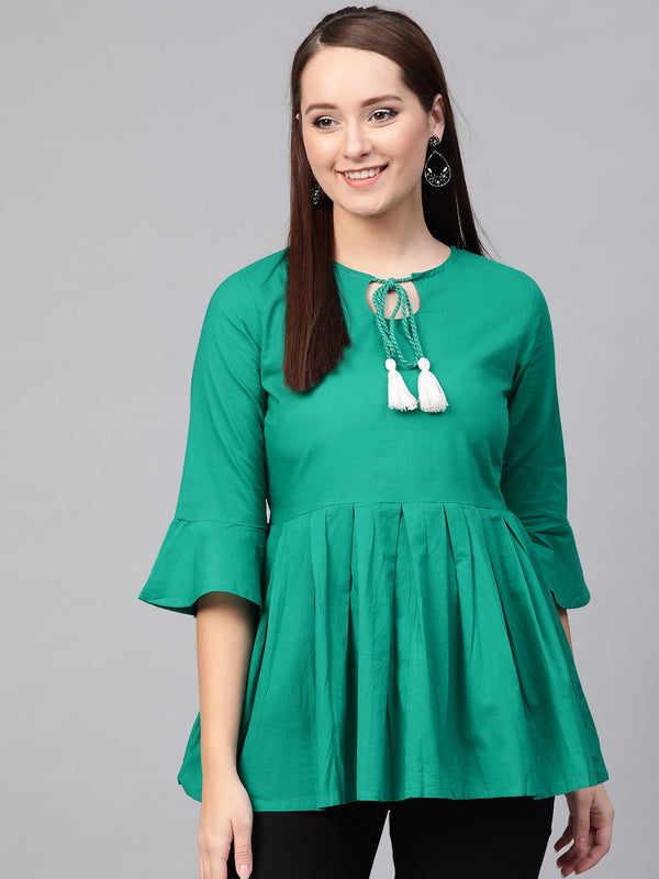 Women Teal solid Tie-up Neck Peplum Top | NOZ2TOZ - Made In INDIA.