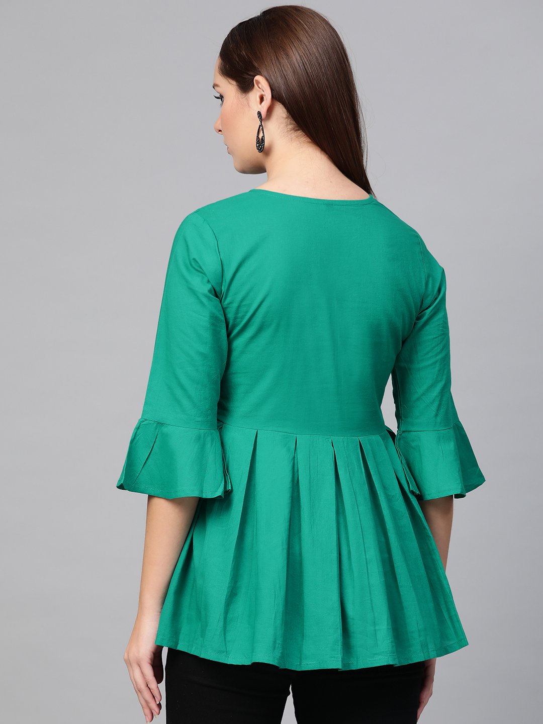 Women Teal solid Tie-up Neck Peplum Top | NOZ2TOZ - Made In INDIA.