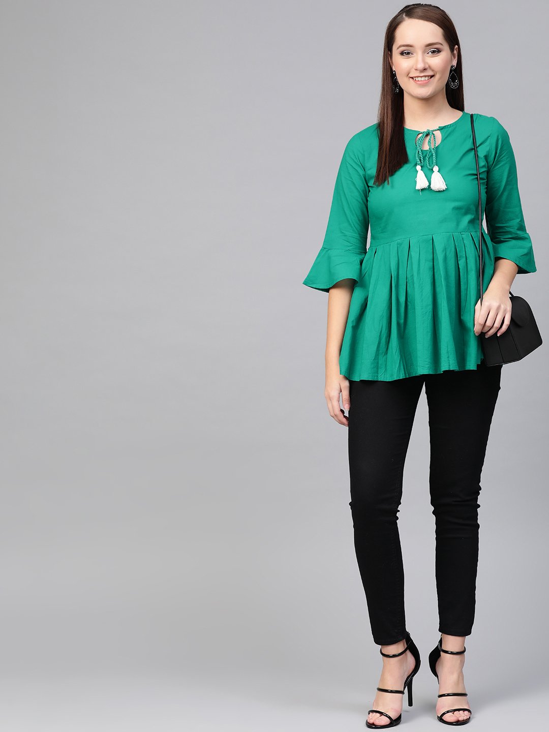 Women Teal solid Tie-up Neck Peplum Top | NOZ2TOZ - Made In INDIA.