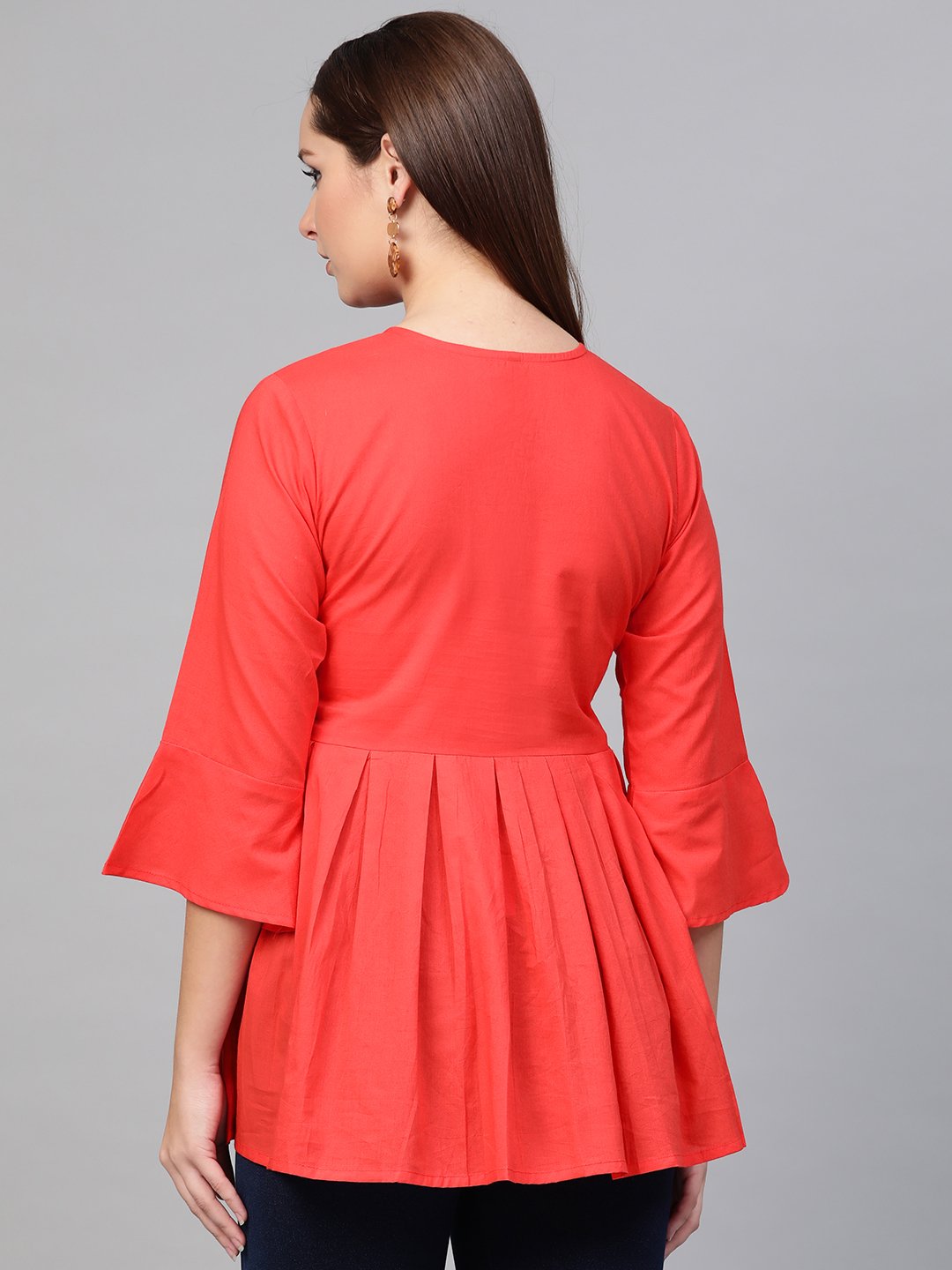 Women Red solid Tie-up Neck Peplum Top | NOZ2TOZ - Made In INDIA.