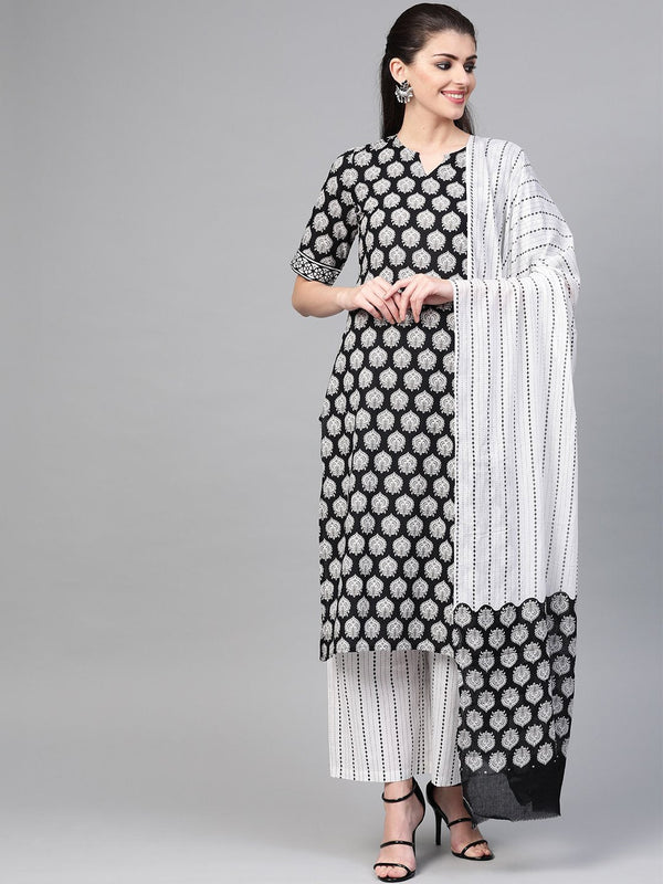 Women Black & White Straight Ethnic Motifs Printed Kurta And Palazzos Set With Dupatta | NOZ2TOZ - Made In INDIA.