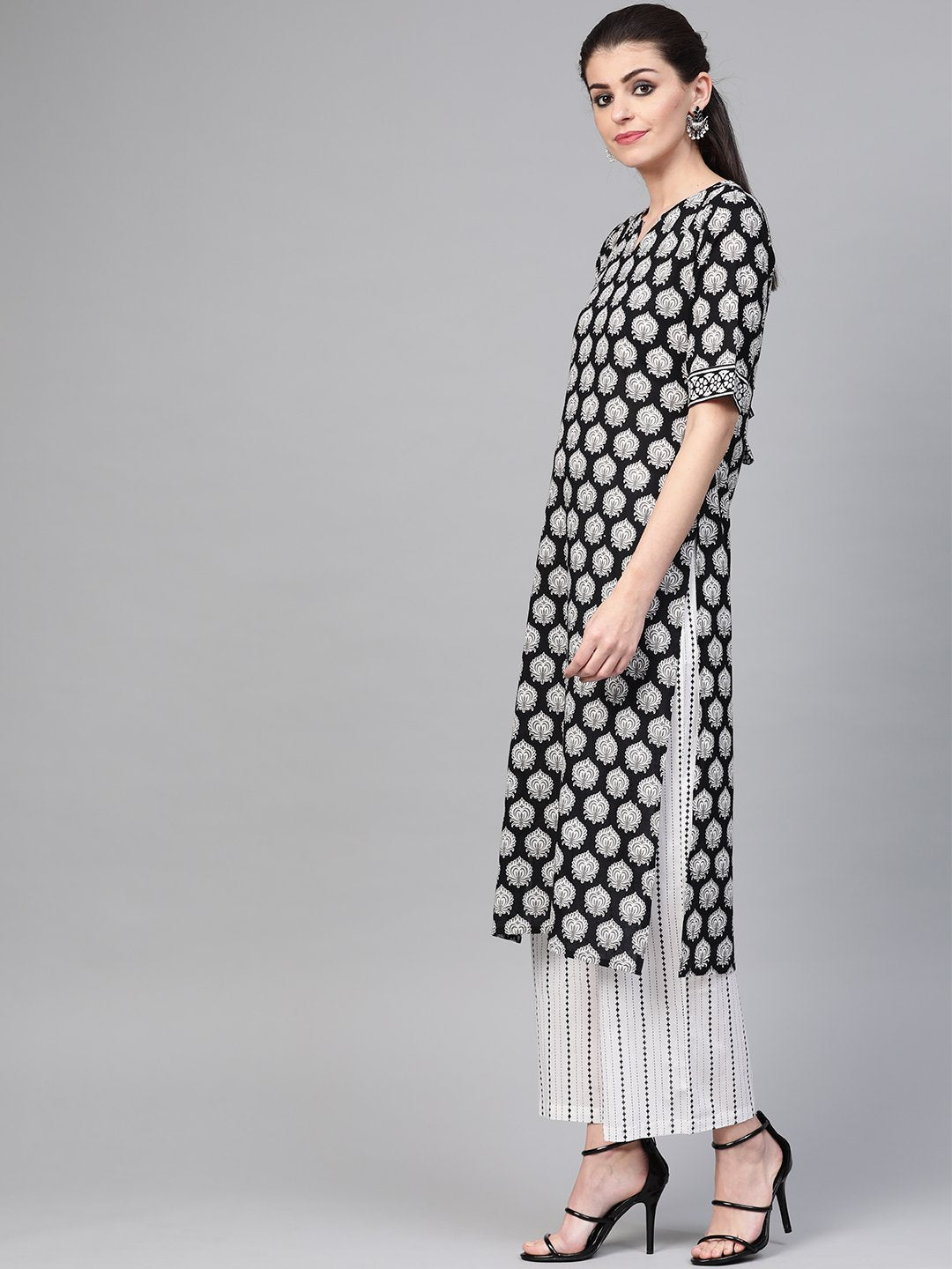 Women Black & White Straight Ethnic Motifs Printed Kurta And Palazzos Set With Dupatta | NOZ2TOZ - Made In INDIA.