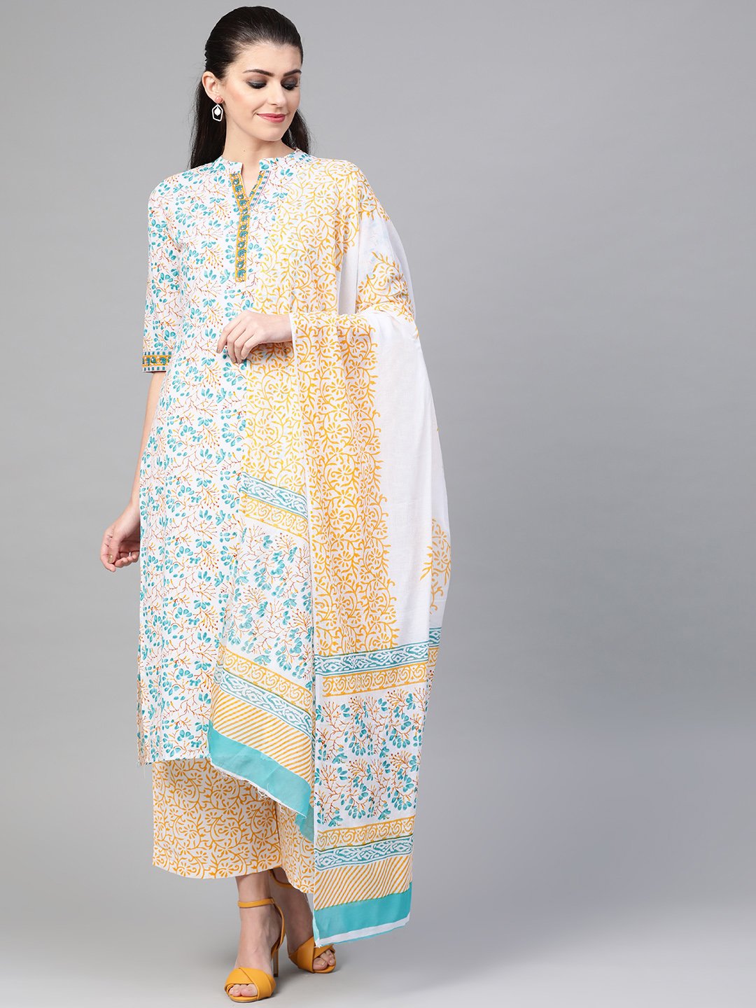 Women White & Blue Straight Floral Printed Kurta And Palazzos Set With Dupatta | NOZ2TOZ - Made In INDIA.