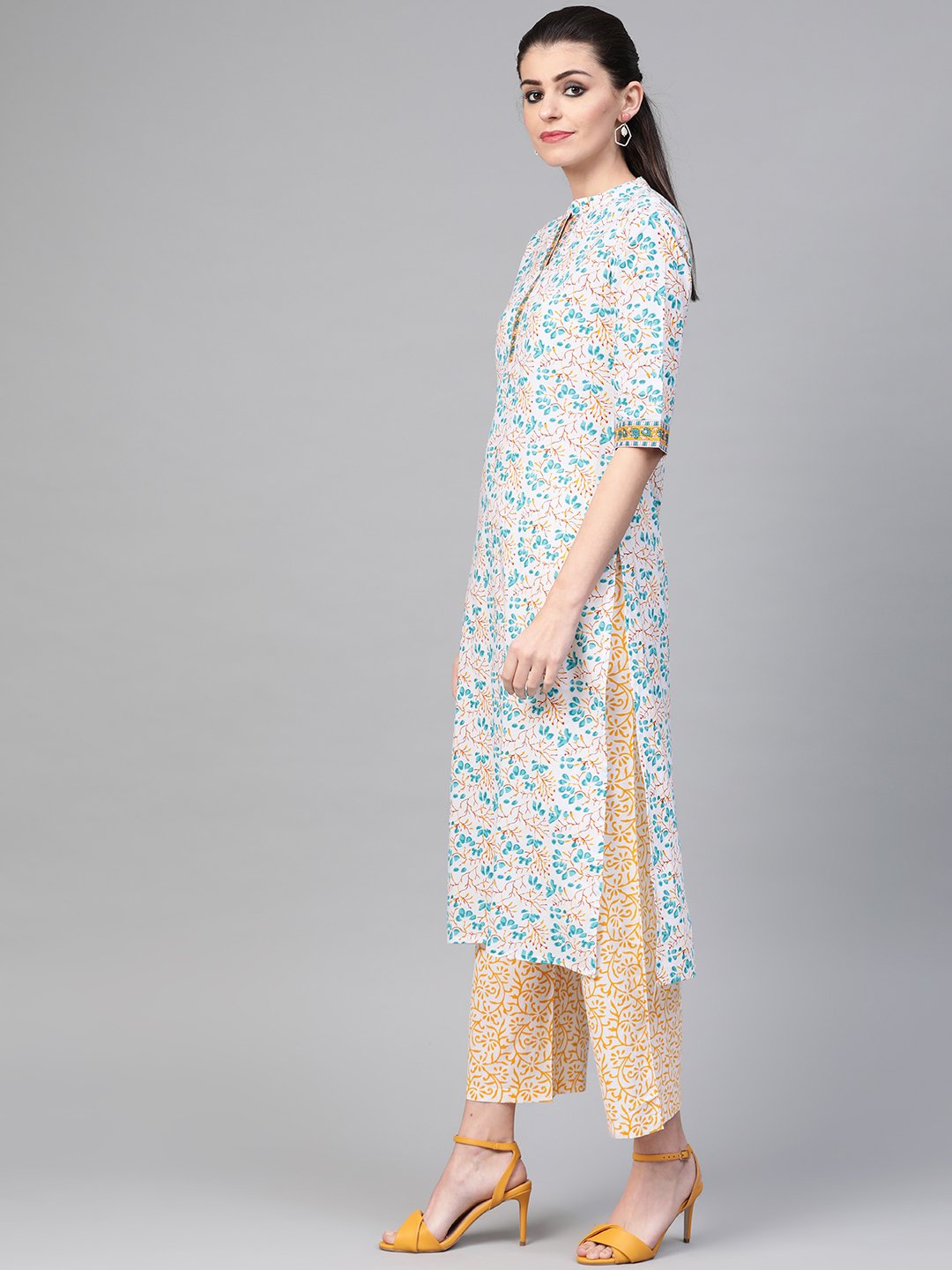 Women White & Blue Straight Floral Printed Kurta And Palazzos Set With Dupatta | NOZ2TOZ - Made In INDIA.