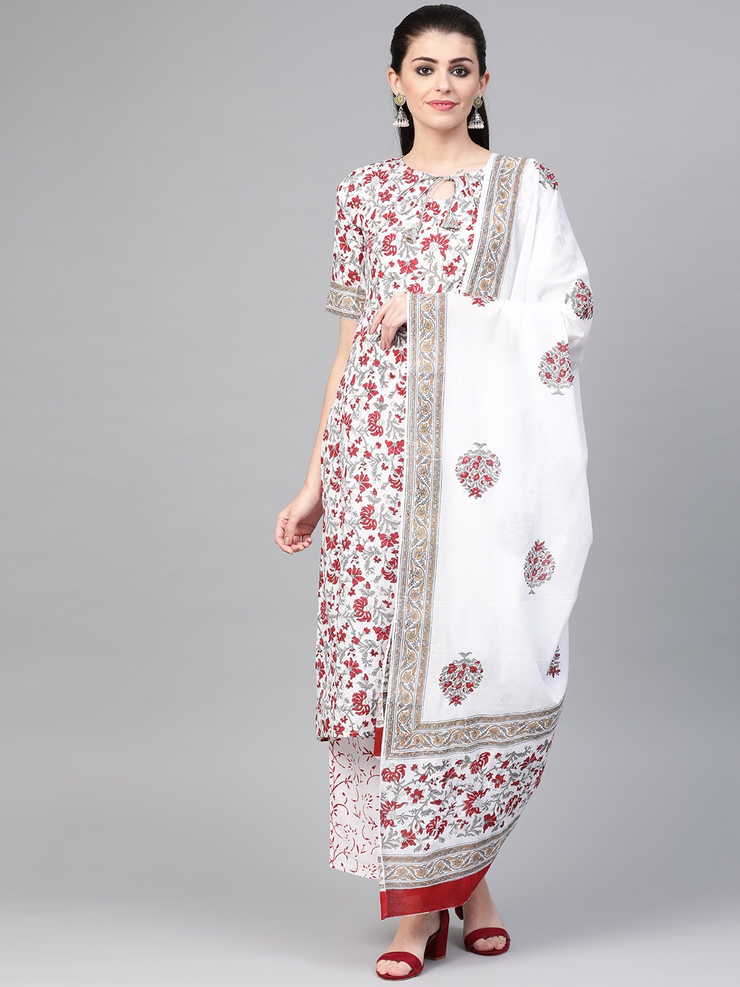 Women White & Maroon Straight Floral Printed Kurta And Palazzos Set With Dupatta | NOZ2TOZ - Made In INDIA.