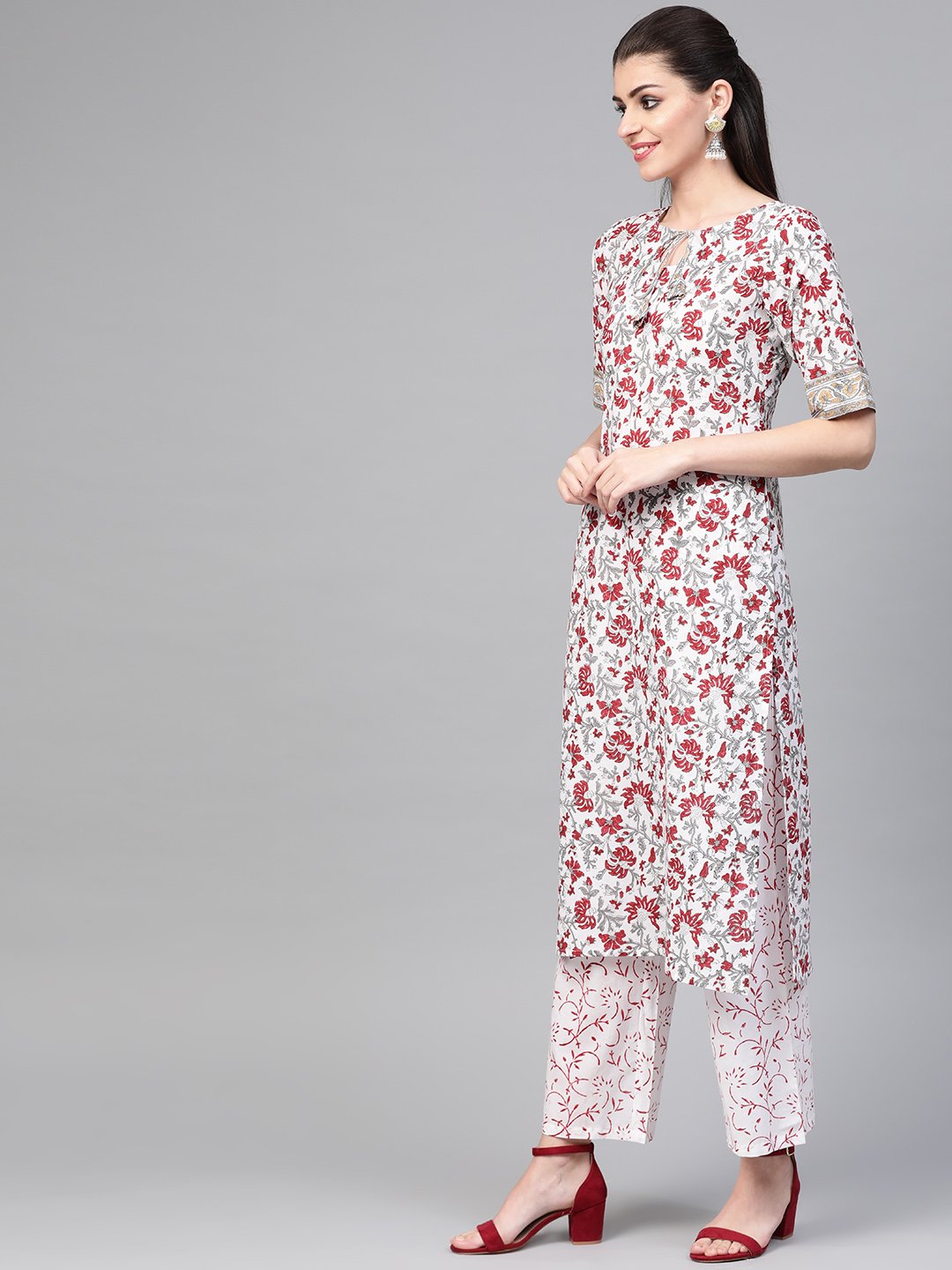 Women White & Maroon Straight Floral Printed Kurta And Palazzos Set With Dupatta | NOZ2TOZ - Made In INDIA.