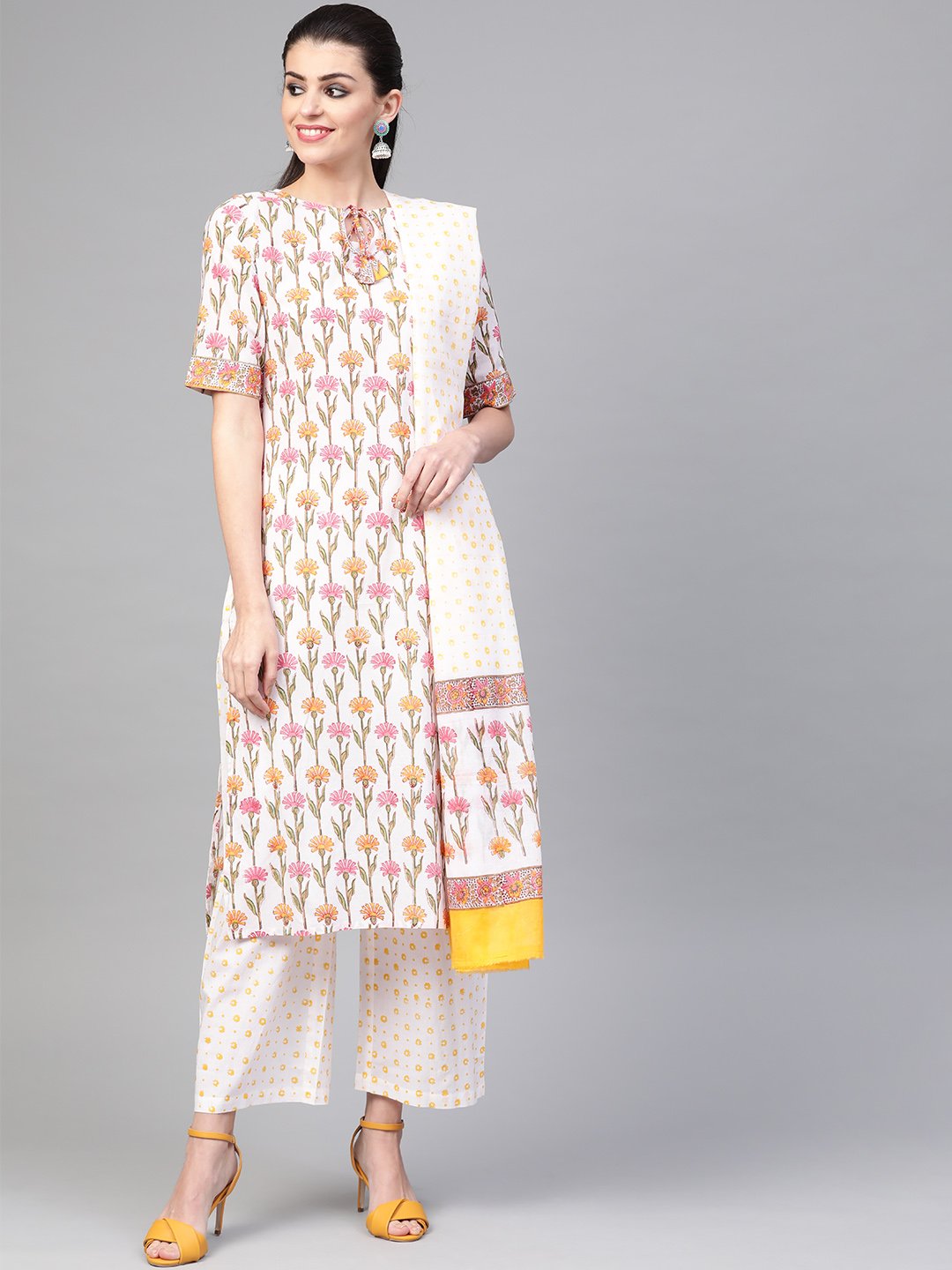 Women White & Multi Straight Floral Printed Kurta And Palazzos Set With Dupatta | NOZ2TOZ - Made In INDIA.