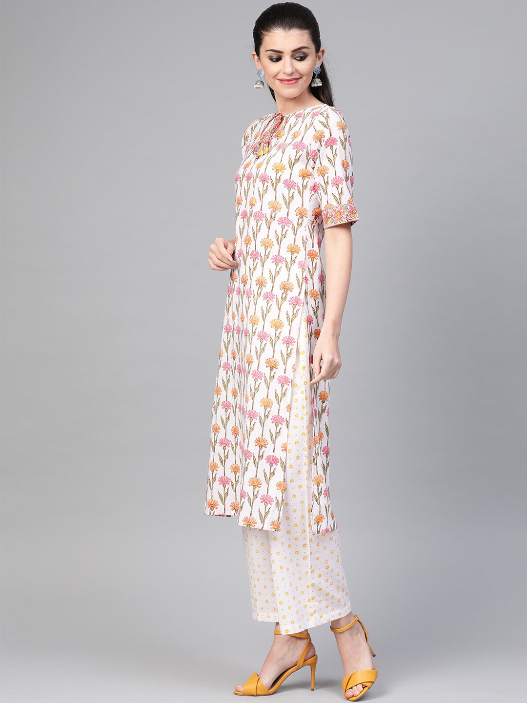 Women White & Multi Straight Floral Printed Kurta And Palazzos Set With Dupatta | NOZ2TOZ - Made In INDIA.