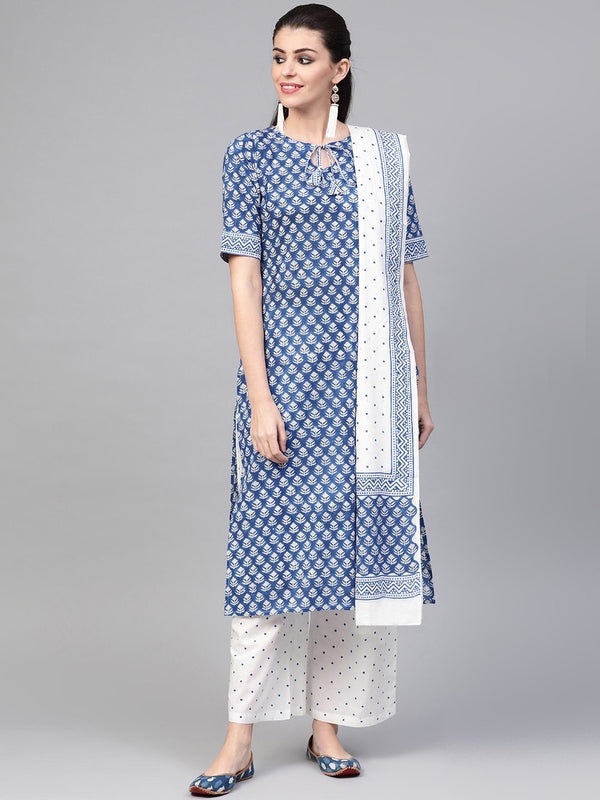 Women Blue & White Straight Floral Printed Kurta And Palazzos Set With Dupatta | NOZ2TOZ - Made In INDIA.