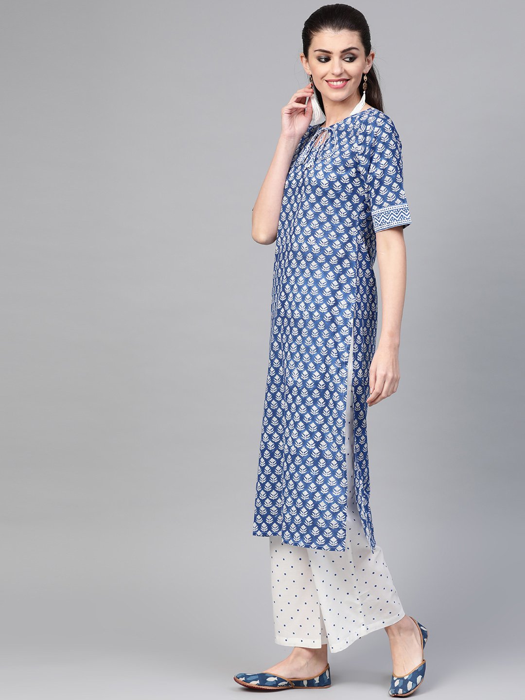 Women Blue & White Straight Floral Printed Kurta And Palazzos Set With Dupatta | NOZ2TOZ - Made In INDIA.