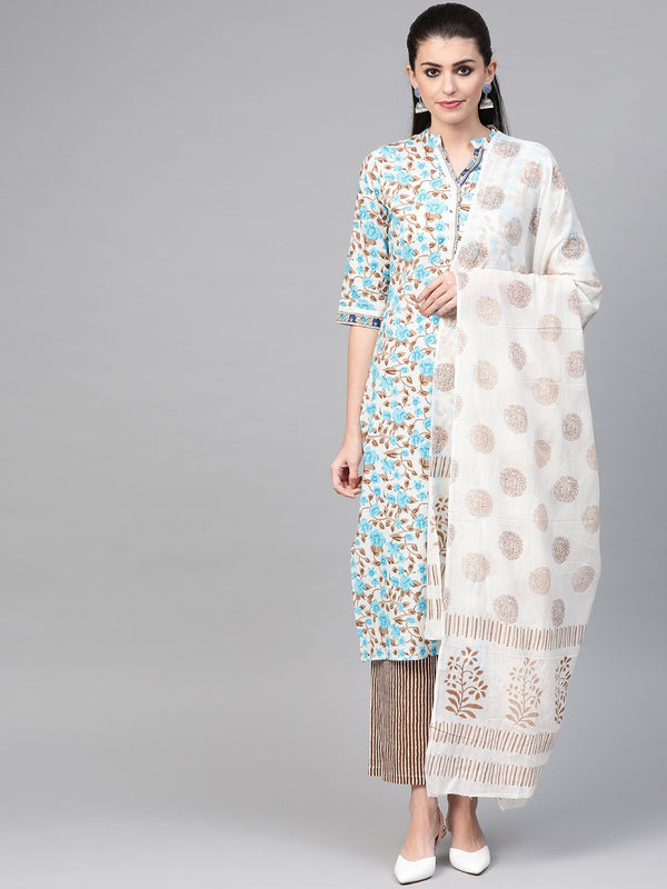 Women Blue & Beige Straight Floral Printed Kurta And Palazzos Set With Dupatta | NOZ2TOZ - Made In INDIA.