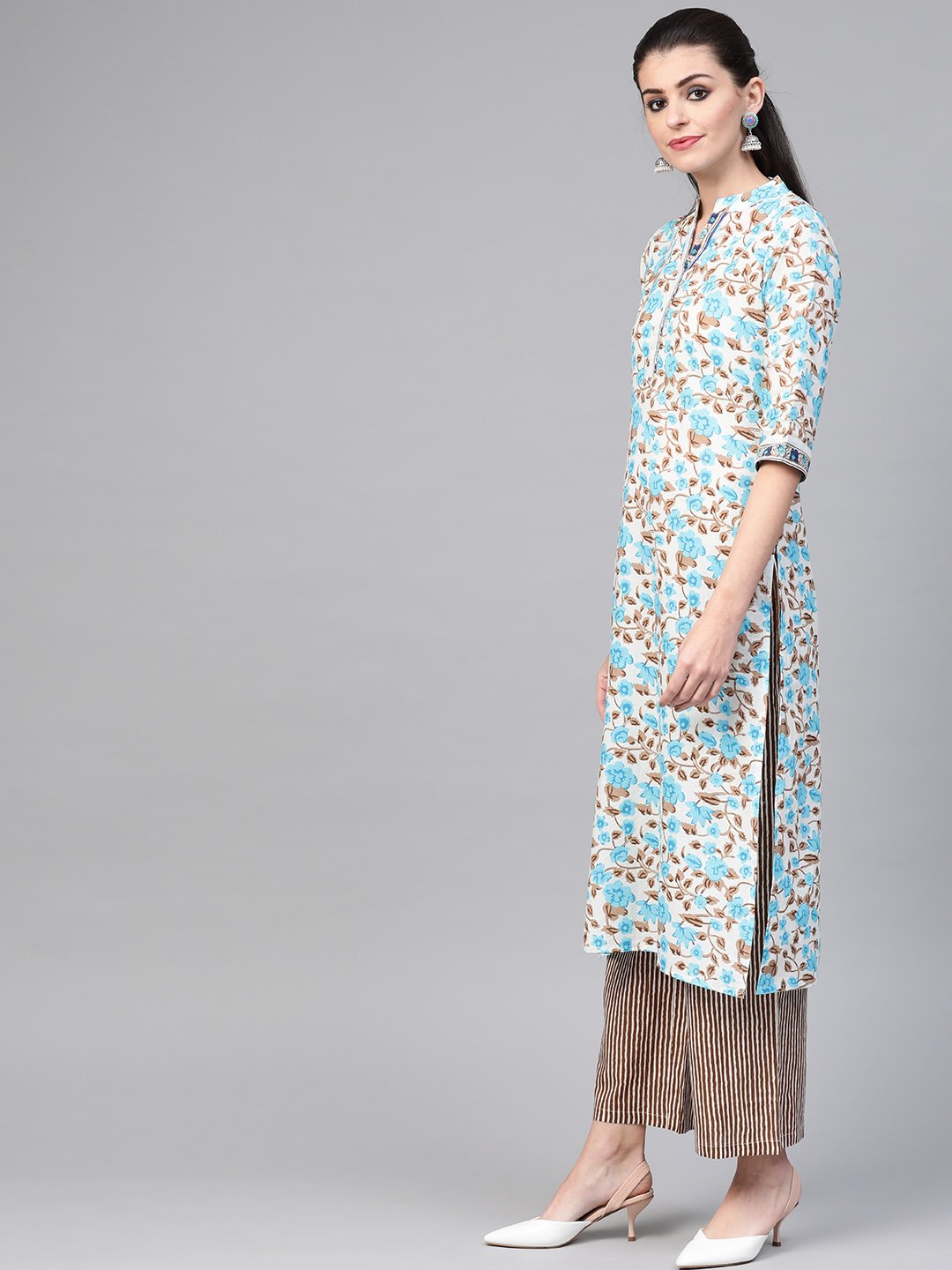 Women Blue & Beige Straight Floral Printed Kurta And Palazzos Set With Dupatta | NOZ2TOZ - Made In INDIA.