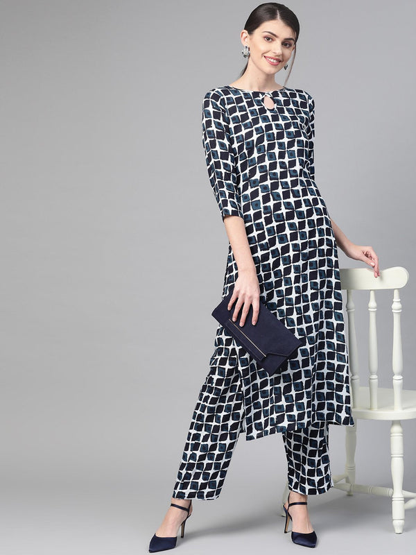 Women White & Navy Blue Straight Geometric Printed Kurta And Trousers Set | NOZ2TOZ - Made In INDIA.