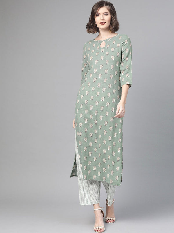 Women Green & Beige Straight Quirky Printed Kurta And Trousers Set | NOZ2TOZ - Made In INDIA.