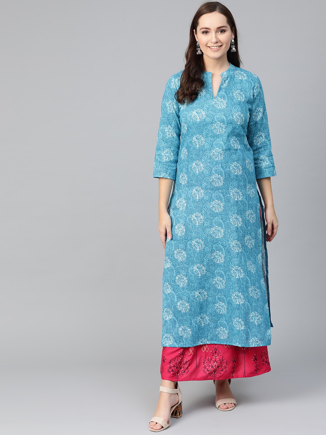 Women Blue & White Straight Paisley Printed Kurta And Skirt Set | NOZ2TOZ - Made In INDIA.