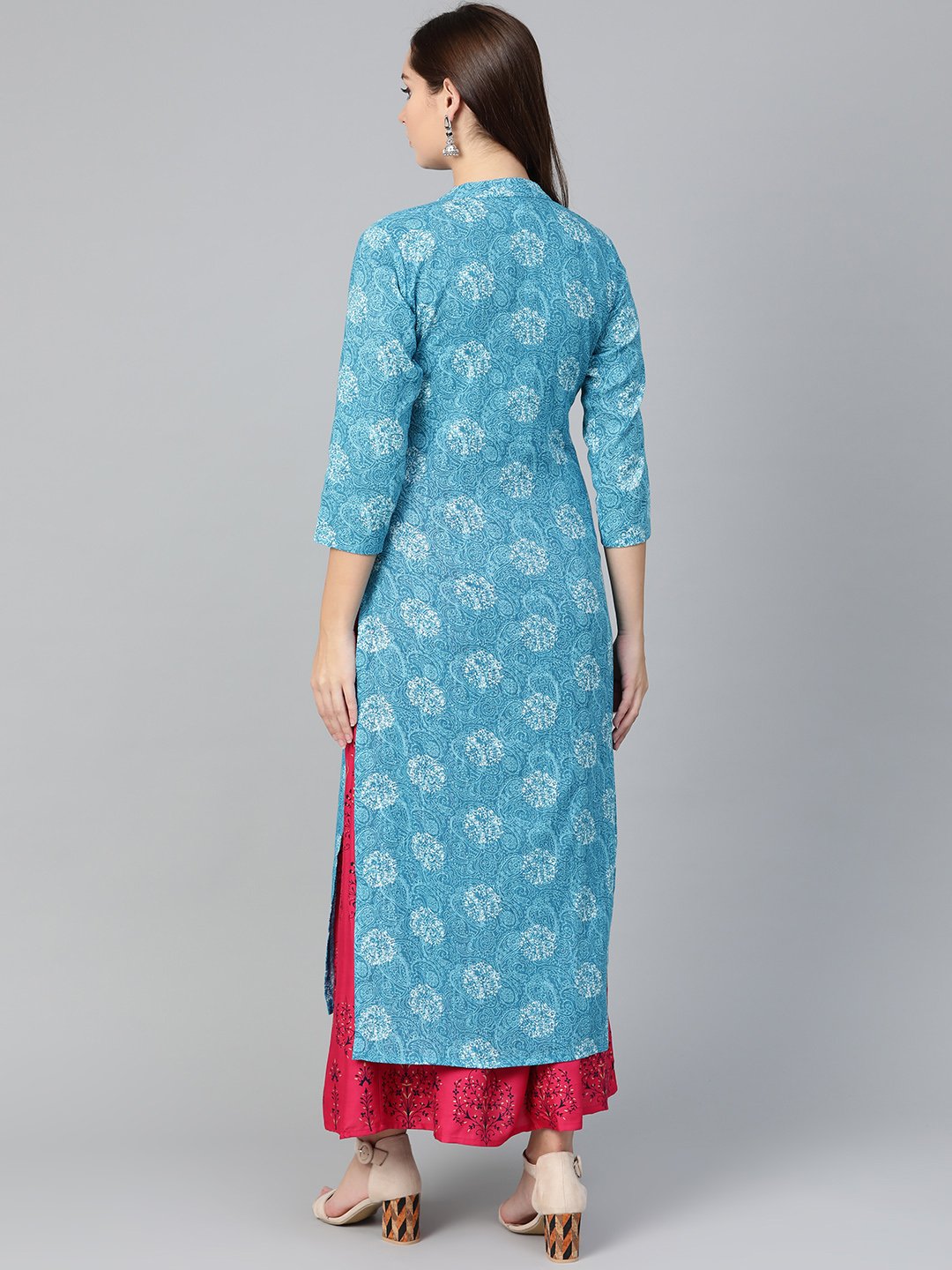 Women Blue & White Straight Paisley Printed Kurta And Skirt Set | NOZ2TOZ - Made In INDIA.