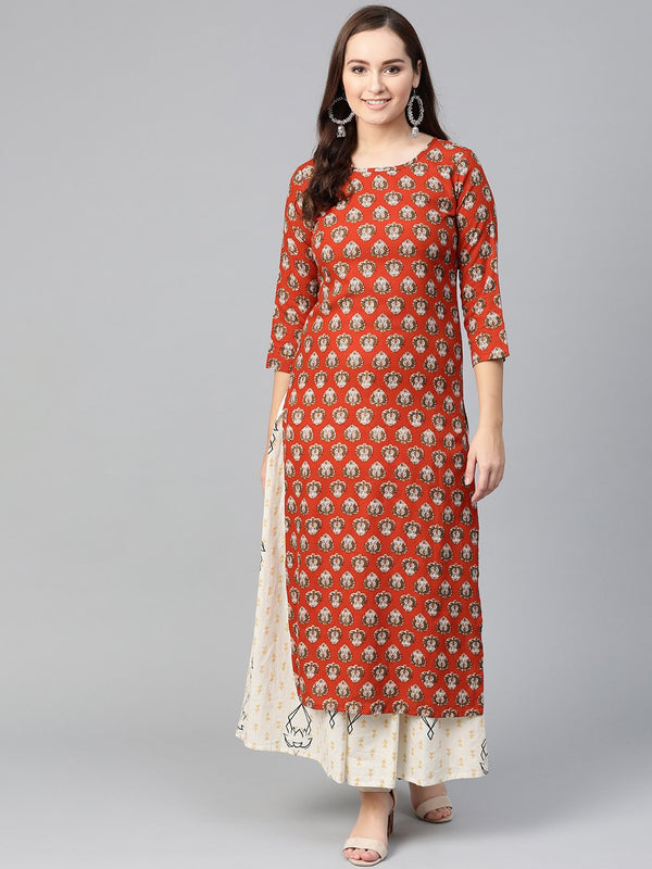 Women Rust & Beige Straight Ethnic Motifs Printed Kurta And Skirt Set | NOZ2TOZ - Made In INDIA.