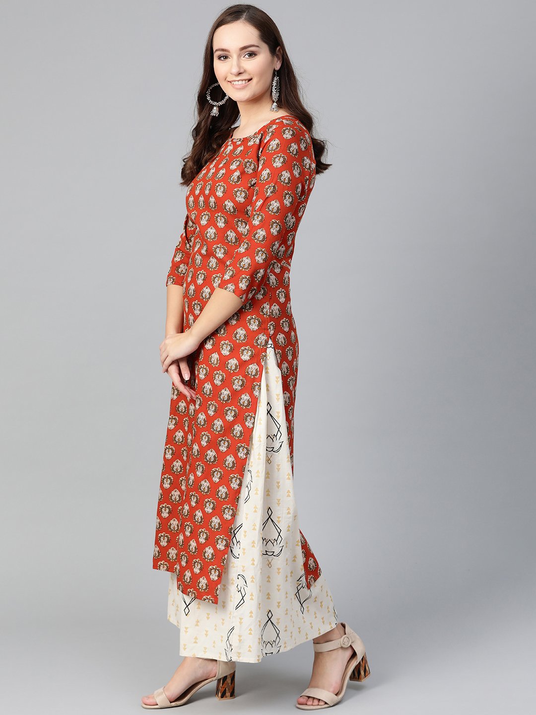 Women Rust & Beige Straight Ethnic Motifs Printed Kurta And Skirt Set | NOZ2TOZ - Made In INDIA.