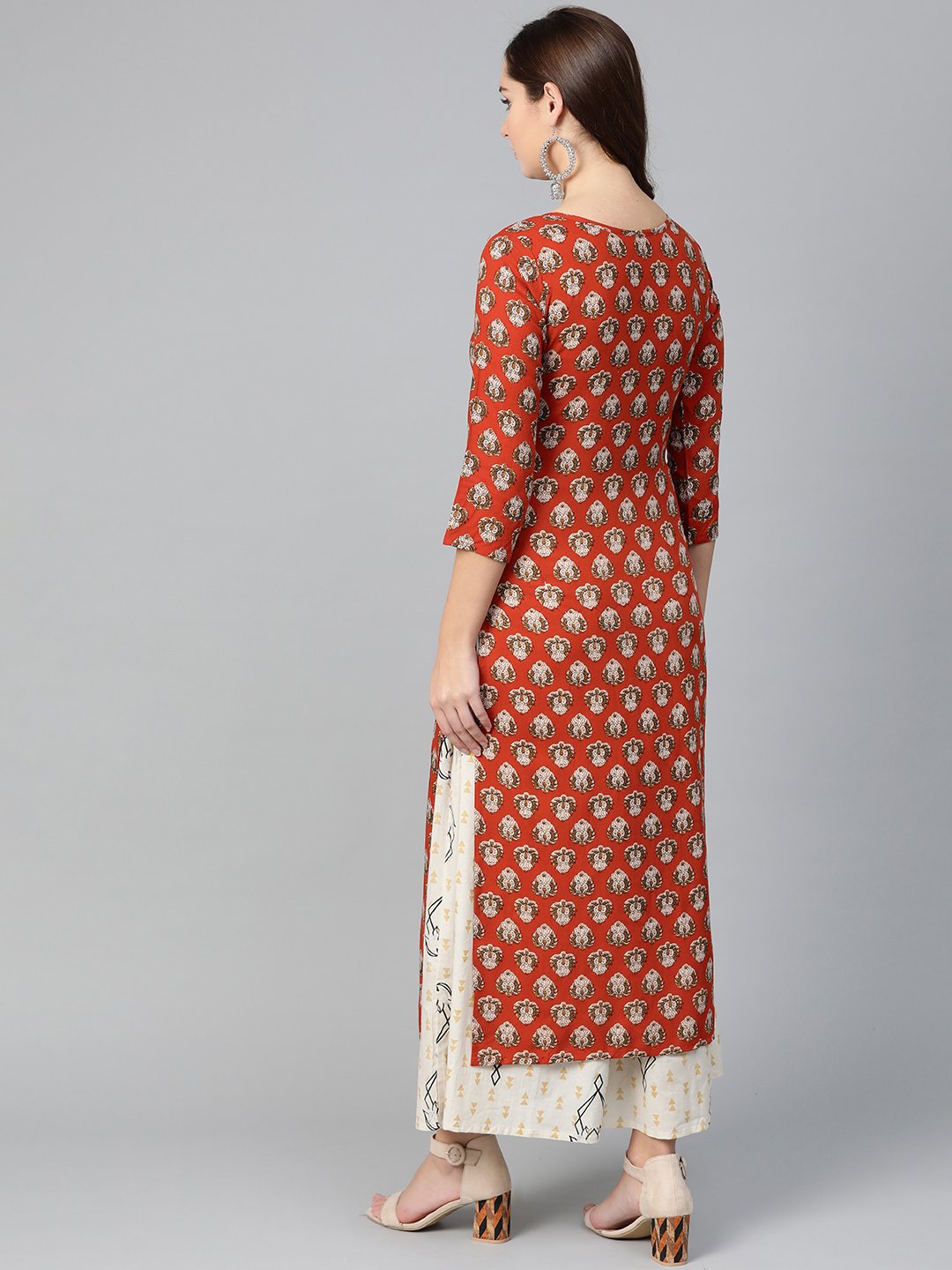 Women Rust & Beige Straight Ethnic Motifs Printed Kurta And Skirt Set | NOZ2TOZ - Made In INDIA.