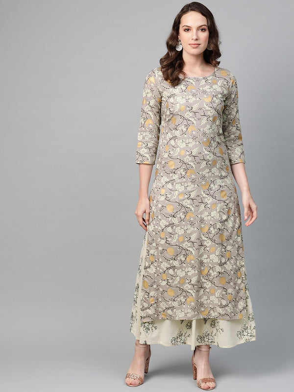 Women Grey & Cream Straight Floral Printed Kurta And Skirt Set | NOZ2TOZ - Made In INDIA.