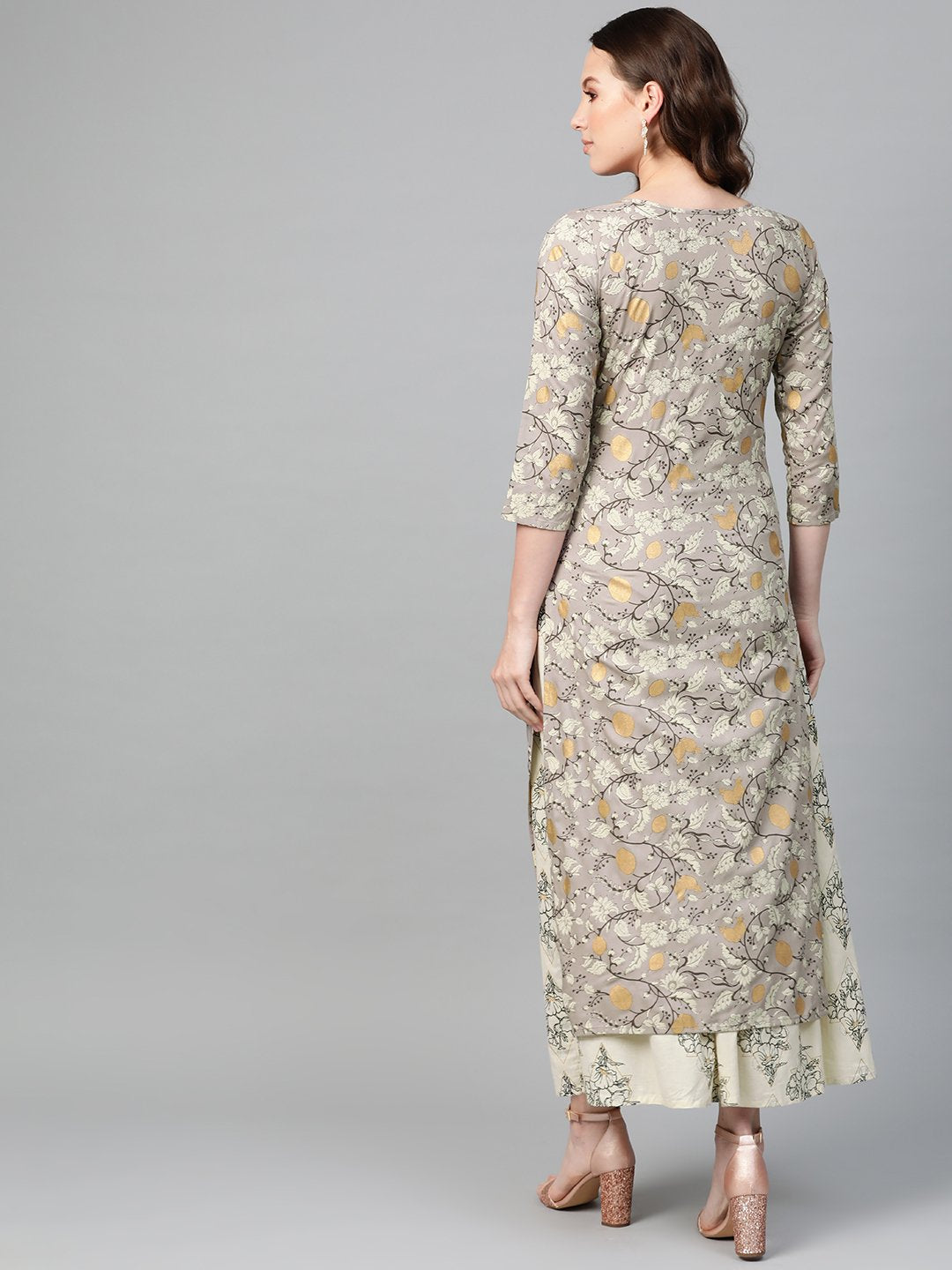 Women Grey & Cream Straight Floral Printed Kurta And Skirt Set | NOZ2TOZ - Made In INDIA.