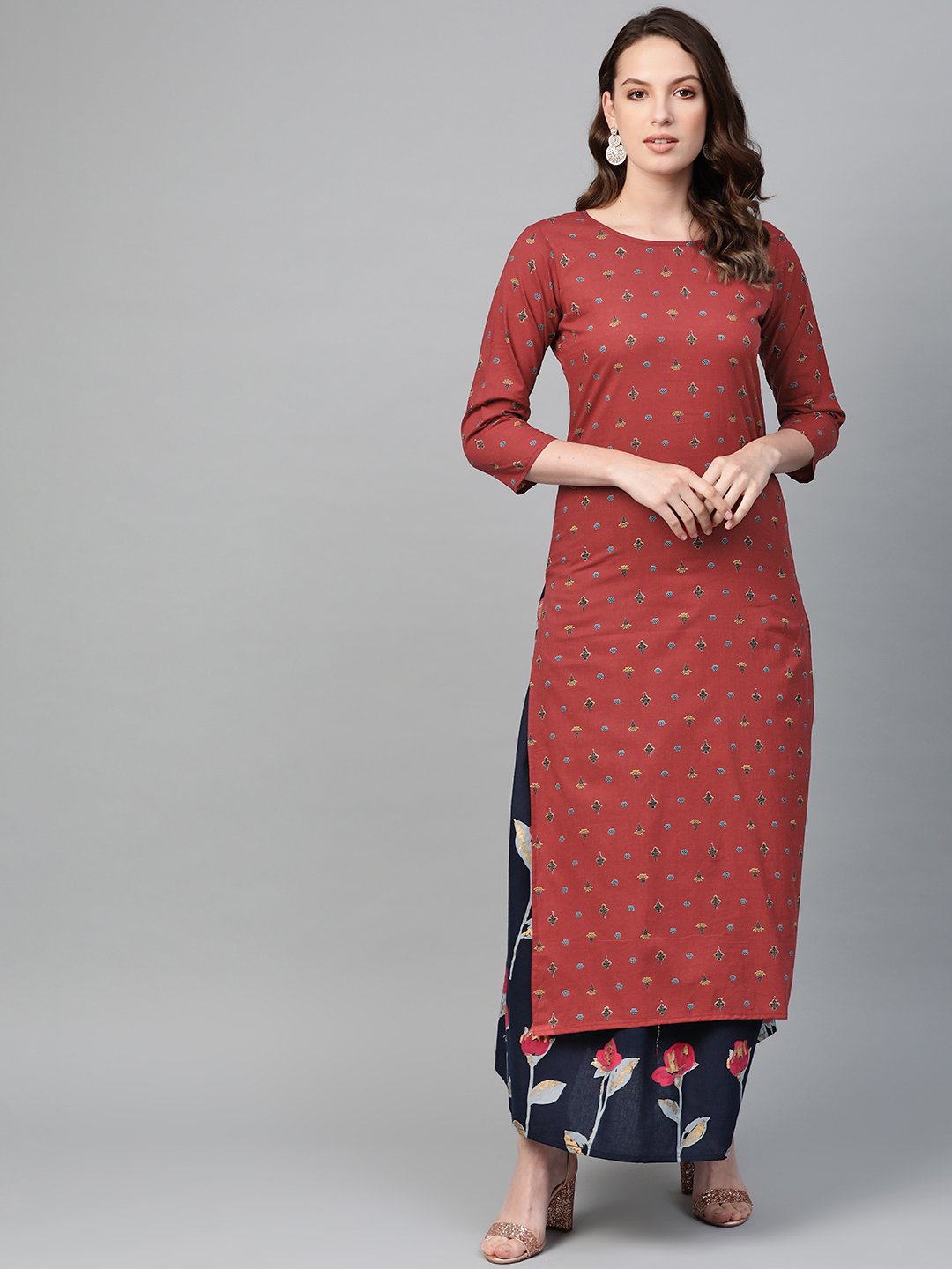 Women Maroon & Navy Blue Straight Floral Printed Kurta And Skirt Set | NOZ2TOZ - Made In INDIA.